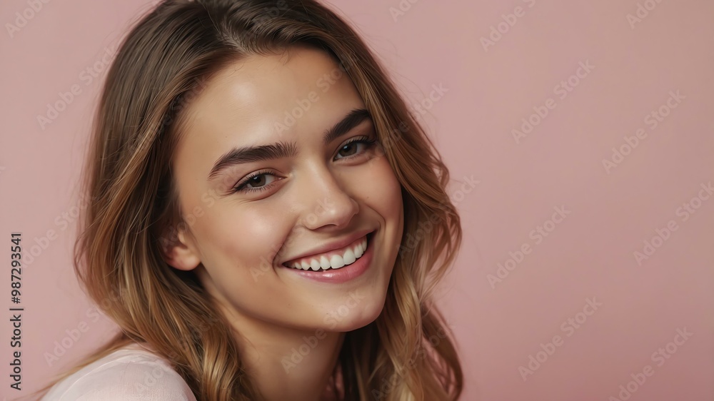 Naklejka premium teenage white woman on pastel pink background model close-up smiling with beautiful teeth for ad concept space for text