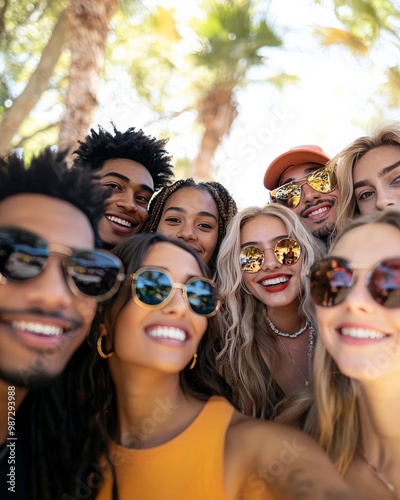 A group of friends taking selfies and posting on social media, more focused on online validation than real-life interactions, highlighting inauthentic relationships. photo