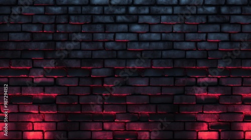 Moody black brick wall with red neon light glow. Dark industrial texture perfect for edgy designs, cyberpunk aesthetics, and futuristic backdrops.