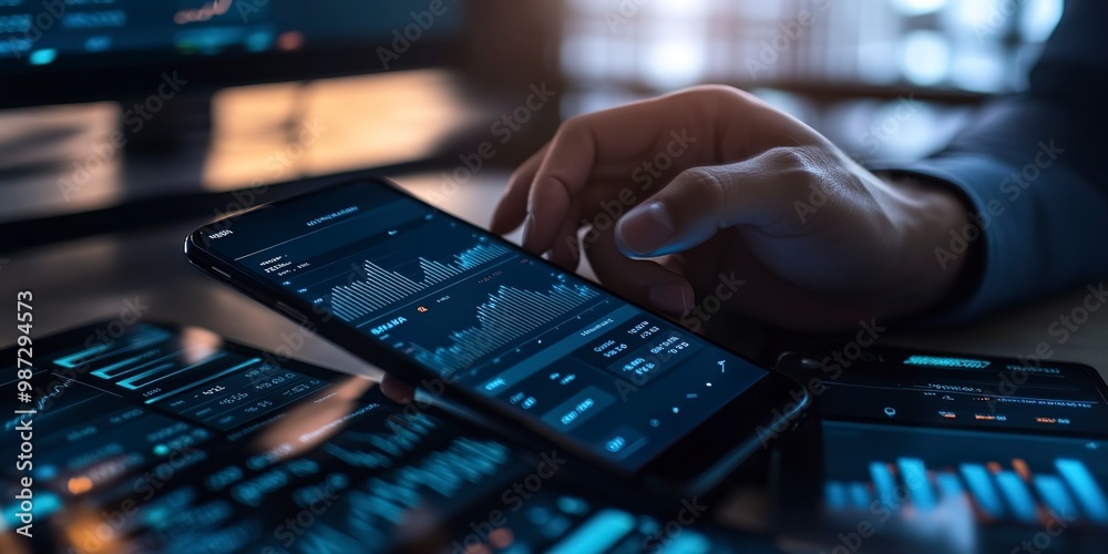 A person using a smartphone app to control his investments accounts and money flow to control his enterprises. A person using a smartphone app to control his investments accounts and money flow to control his enterprises.