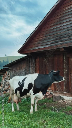 A cow posing on a mountain farm