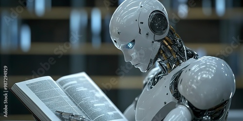 A Humanoid Robot Learning: An image of a humanoid robot engaged in a learning process, perhaps reading a book or analyzing data, showcasing the ability of AI systems to acquire knowledge and adapt photo