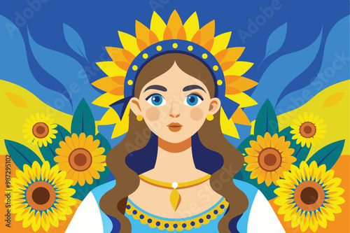 A woman surrounded by vibrant sunflowers stands against a serene blue background, creating a striking visual contrast.