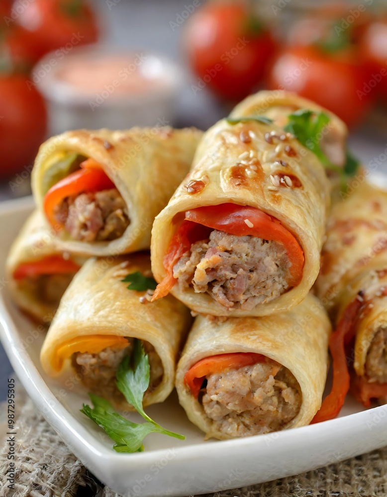 Savoury Appetizer Rolls Stuffed with Ground Meat, Bell Peppers, Tomatoes, and Onions
Savoury Appetizer Rolls Stuffed with Ground Meat, Bell Peppers, Tomatoes, and Onions