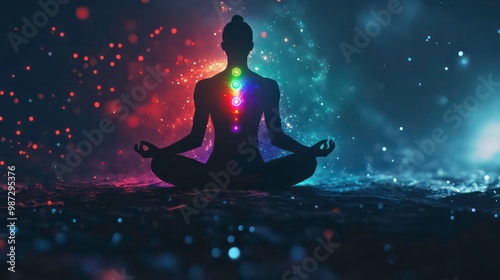 Silhouette of a person meditating with seven chakras glowing with light in the dark with bokeh lights.