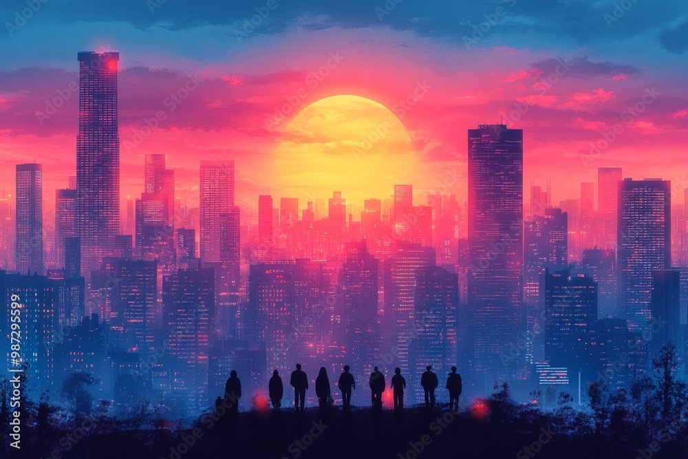 Fototapeta premium A cityscape at sunset, with tall buildings. Generative AI