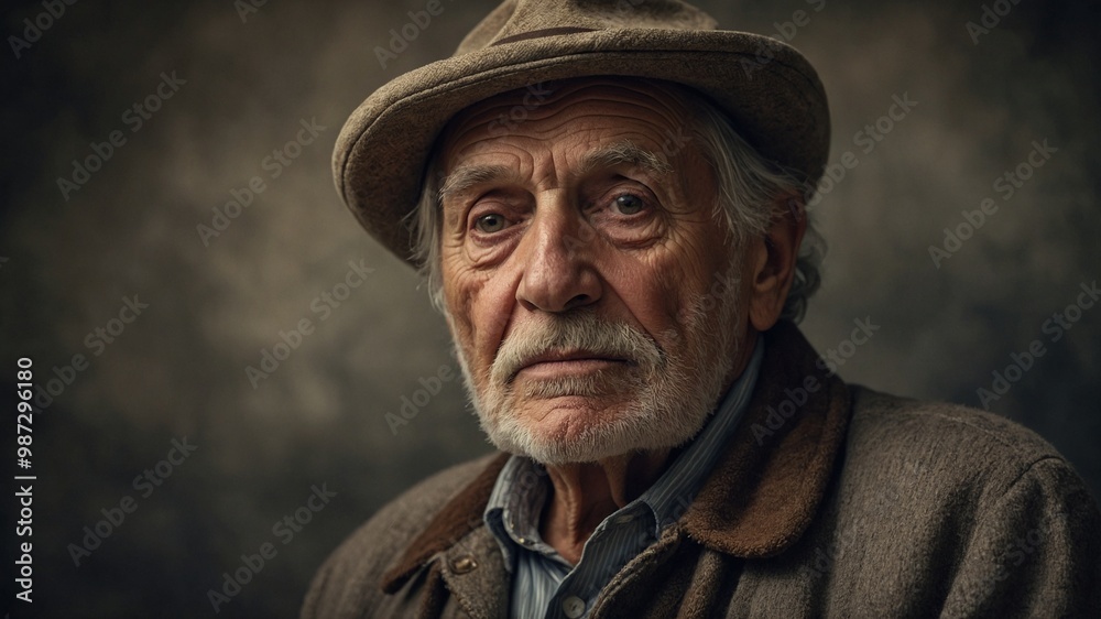 Elderly Caucasian man with long white beard, wearing tan hat and jacket, with serious expression on his face Elderly Caucasian man with long white beard, wearing tan hat and jacket, with serious expression on his face