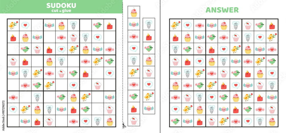 Hard sudoku with nine valentines day objects. Game puzzle for kids. Cut and glue. Cartoon Hard sudoku with nine valentines day objects. Game puzzle for kids. Cut and glue. Cartoon