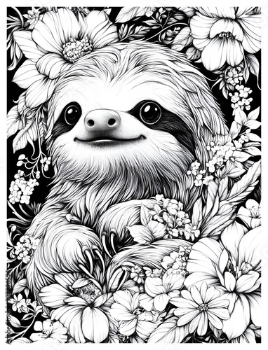 Coloring page white on black sloth with flowers