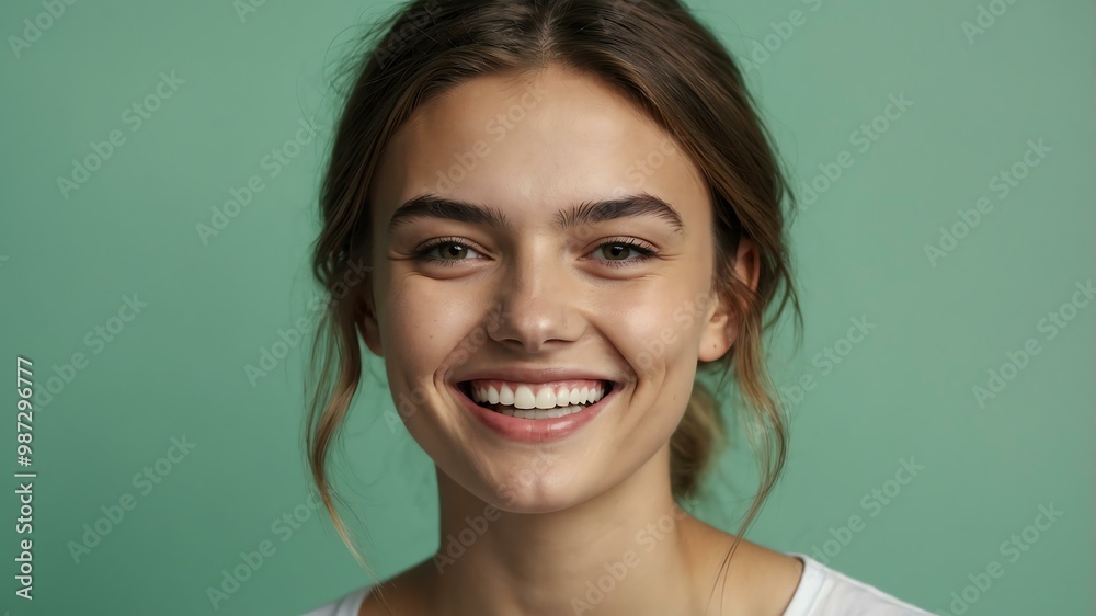 Fototapeta premium teenage caucasian woman on pastel green background model close-up smiling with beautiful teeth for ad concept space for text