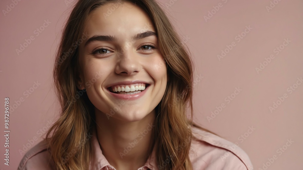 Fototapeta premium teenage caucasian woman on pastel pink background model close-up smiling with beautiful teeth for ad concept space for text
