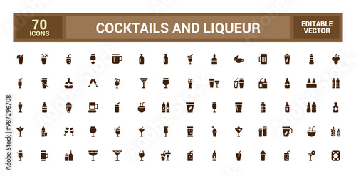 Cocktail and liqueur solid icon set, flat symbol, glass. Bottle and more, filled icons for web and ui. Vector illustration.