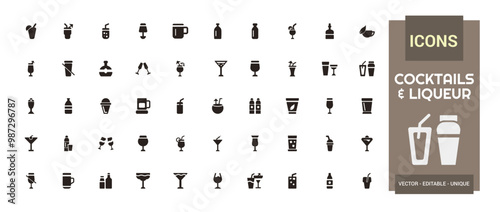 Cocktail and liqueur solid icon set, flat symbol, glass. Bottle and more, filled icons for web and ui. Vector illustration.