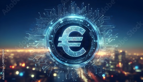 Creative digital circular euro hologram with circuit lines on blurry wide blue background. Digital money and online banking concept. 3D Rendering.