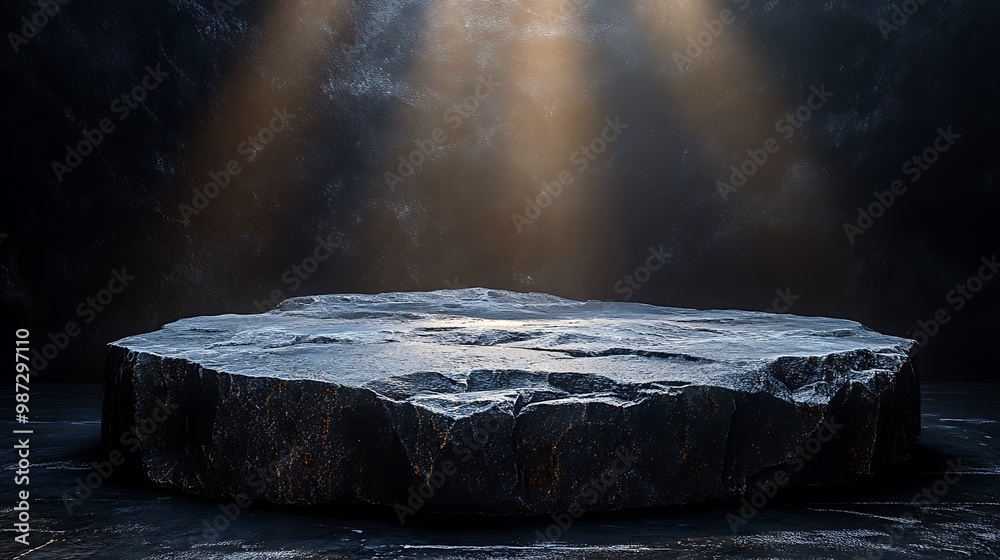 A round, rough, gray stone pedestal with a dark, textured background and spotlights above it. A round, rough, gray stone pedestal with a dark, textured background and spotlights above it.