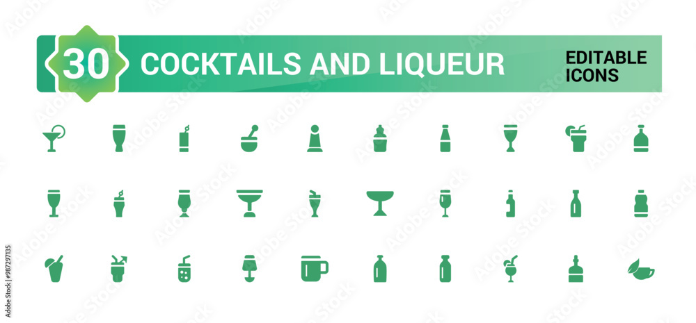 Cocktail and liqueur solid icon set, flat symbol, glass. Bottle and ...