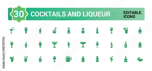 Cocktail and liqueur solid icon set, flat symbol, glass. Bottle and more, filled icons for web and ui. Vector illustration.