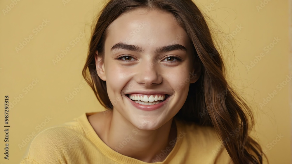 Naklejka premium teenage american woman on pastel yellow background model close-up smiling with beautiful teeth for ad concept space for text