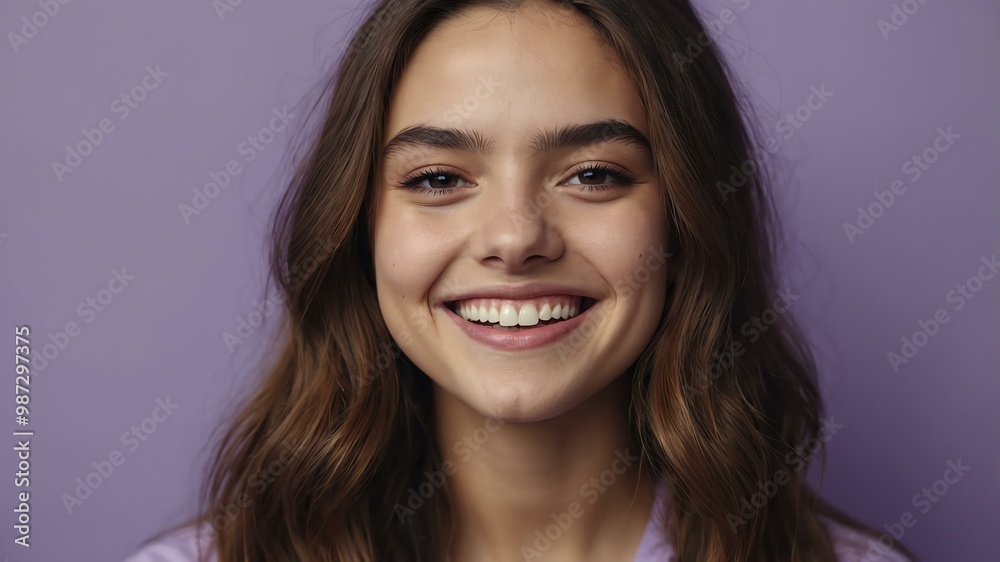 Naklejka premium teenage american woman on pastel purple background model close-up smiling with beautiful teeth for ad concept space for text