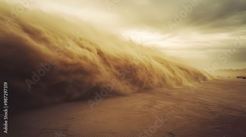 A massive sandstorm in the desert, with swirling clouds of dust and debris engulfing everything around it photo