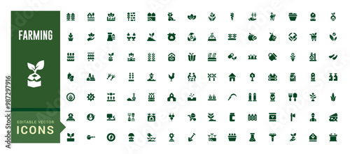 Farming solid icons set. Related to wheelbarrow, rake, shovel, glyph collection for web and ui. Filled icon pack. Vector illustration.