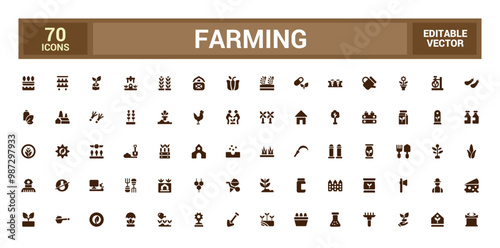 Farming solid icons set. Related to wheelbarrow, rake, shovel, glyph collection for web and ui. Filled icon pack. Vector illustration.