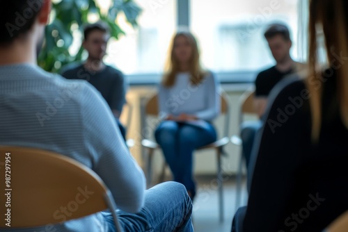 A group therapy session where individuals share their experiences, providing mutual support in the treatment of depression.
