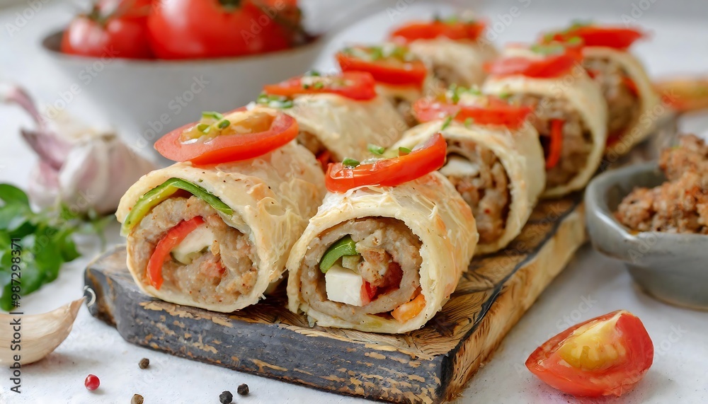Savoury Appetizer Rolls Stuffed with Ground Meat, Bell Peppers, Tomatoes, and Onions
Savoury Appetizer Rolls Stuffed with Ground Meat, Bell Peppers, Tomatoes, and Onions