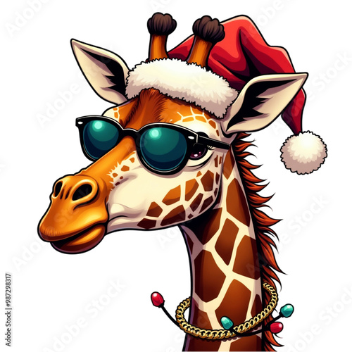 A giraffe wearing a Santa hat, glasses, and Christmas lights around its nec