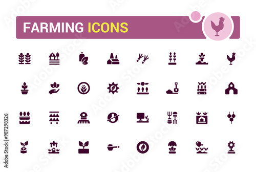 Farming solid icons set. Related to wheelbarrow, rake, shovel, glyph collection for web and ui. Filled icon pack. Vector illustration.