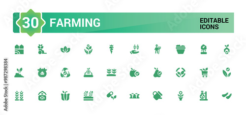 Farming solid icons set. Related to wheelbarrow, rake, shovel, glyph collection for web and ui. Filled icon pack. Vector illustration.