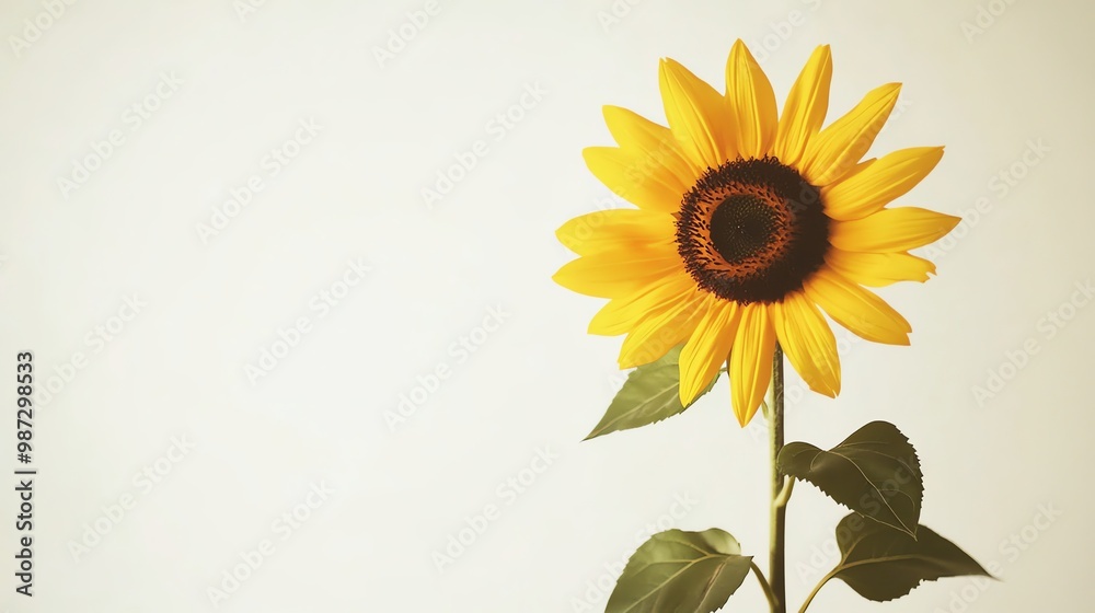 Obraz premium A single sunflower with green leaves on a white background.