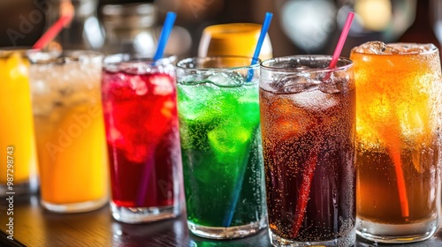 A colorful array of soda drinks and sugary beverages, displaying a range of fizzy, unhealthy drinks high in sugar