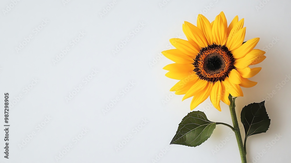 Obraz premium A single sunflower with green leaves on a white background.