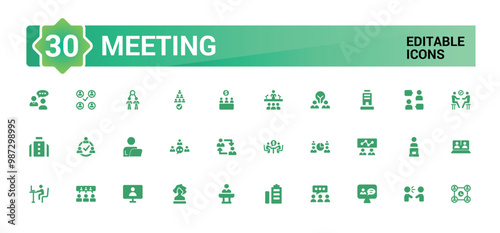 Meeting icons set. Solid set of online meeting vector icons for ui design. Glyph icon for web and ui. Filled icon set. Vector illustration.