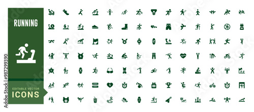 Running icons set. Solid set of running vector icons for ui design. Filled symbol collection. Vector illustration.