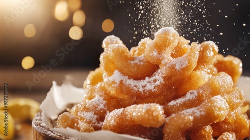 A deep-fried dessert like a churro or funnel cake, dripping with sugar and oil, showcasing its indulgent but unhealthy nature photo