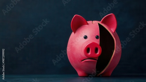 A piggy bank with a split, revealing a sad interior, symbolizes financial distress or emptiness in savings.