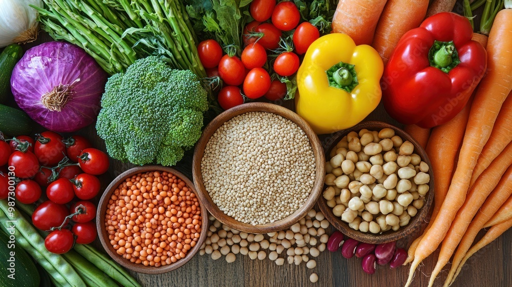 A delicious plant-based meal with colorful vegetables, grains, and protein-rich legumes, ideal for a clean, nutritious diet A delicious plant-based meal with colorful vegetables, grains, and protein-rich legumes, ideal for a clean, nutritious diet