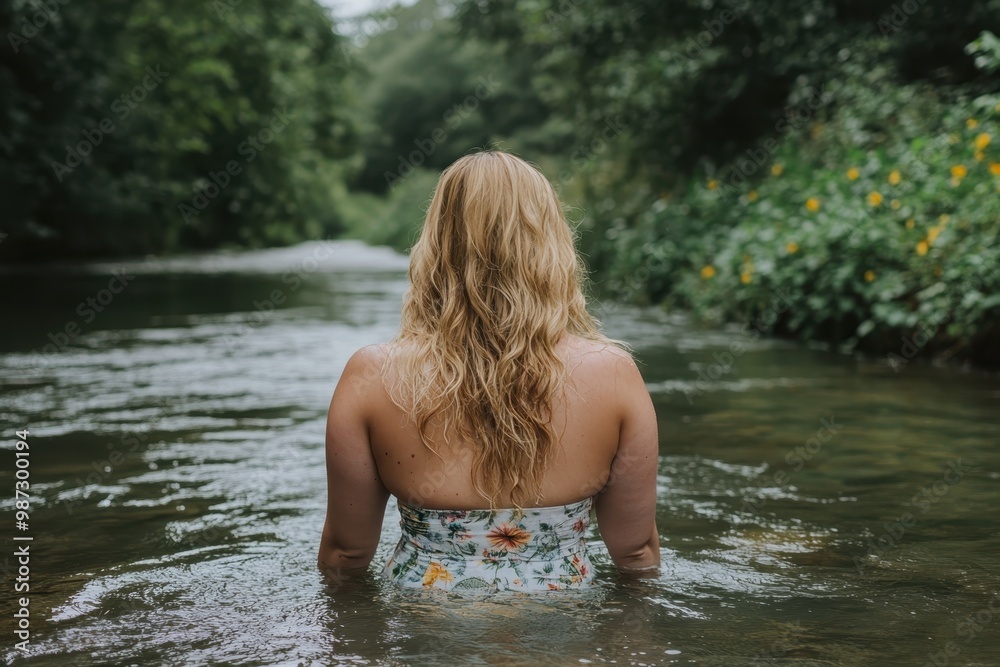 Serene Retreat: Plus-Size Woman Reconnecting with Nature, Wading in Calm River Serene Retreat: Plus-Size Woman Reconnecting with Nature, Wading in Calm River