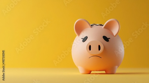 A sad-looking piggy bank stands against a vibrant yellow background, symbolizing financial concerns or budgeting challenges.