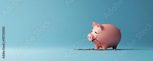 A sad piggy bank stands alone, symbolizing financial loss or disappointment against a light blue backdrop, evoking feelings of concern about savings.