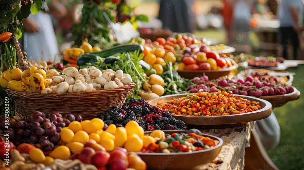 Obraz premium A delicious spread of organic food, featuring locally sourced fruits and vegetables, prepared with love and care