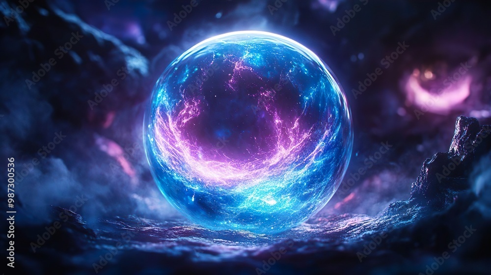 A crystal glowing glass ball sphere with a neon pink and blue light inside mystic smoke background A crystal glowing glass ball sphere with a neon pink and blue light inside mystic smoke background