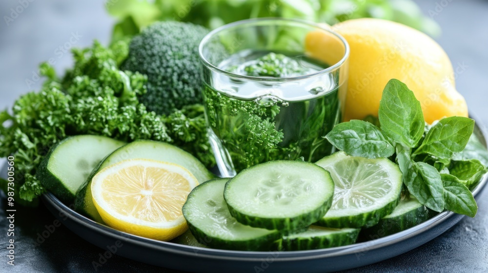 A detox diet plate filled with green vegetables, lemon water, and herbal teas, designed to cleanse and refresh the body A detox diet plate filled with green vegetables, lemon water, and herbal teas, designed to cleanse and refresh the body