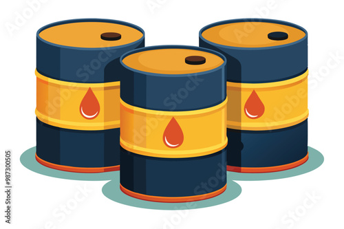 Three oil barrels illustration with yellow bands and red droplet symbols, representing crude oil storage and petroleum resources.