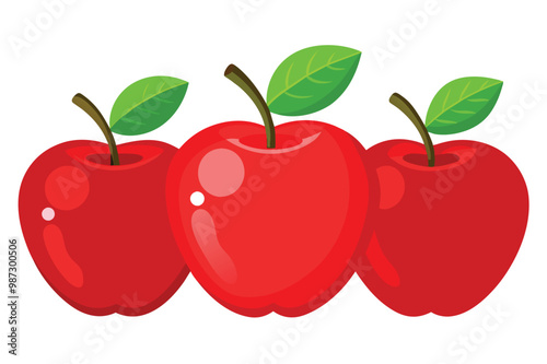 An illustration of three bright red apples with shiny surfaces and green leaves, set against a plain white background. The vibrant colors evoke freshness and health, perfect for nutrition themes.