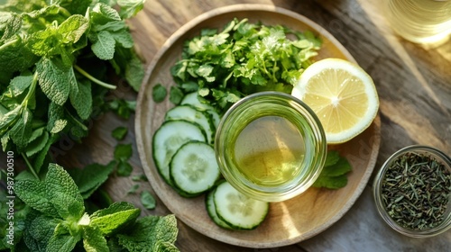 A detox diet plate filled with green vegetables, lemon water, and herbal teas, designed to cleanse and refresh the body photo