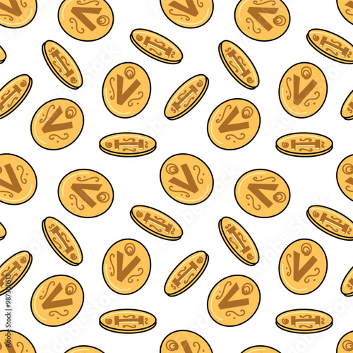 Vector seamless pattern fabulous stylised antique gold coins. Fairy tale abstract background. Isolated on the white color.