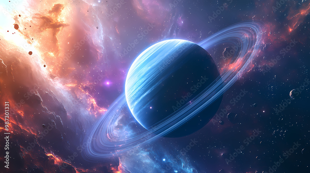 Naklejka premium Generative AI, Close-Up of a Ringed Gas Giant with Shimmering Rings 